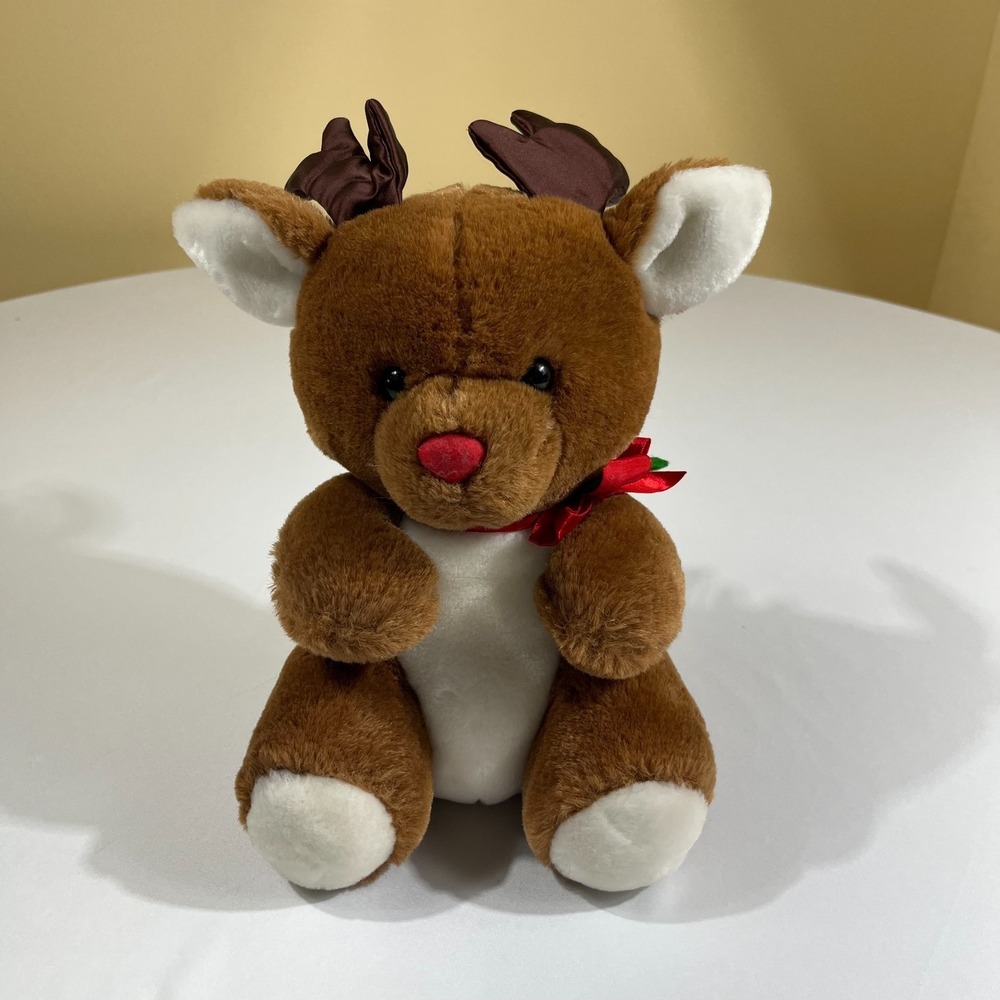 Charming Reindeer Plush Red Nose Christmas Stuffed Animal Ribbon 11"